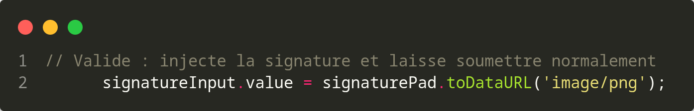 Code JavaScript pour convertir la signature du canvas en base64 et la stocker dans un champ caché
